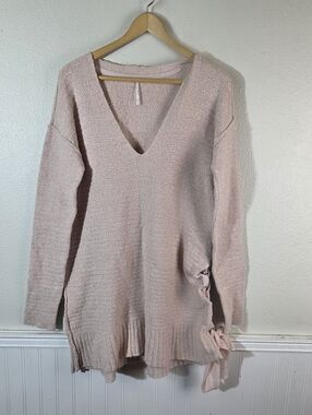 Free People Blush Pink Lace Up Side Sweater Tunic Raw Hem Oversized Boho Womens